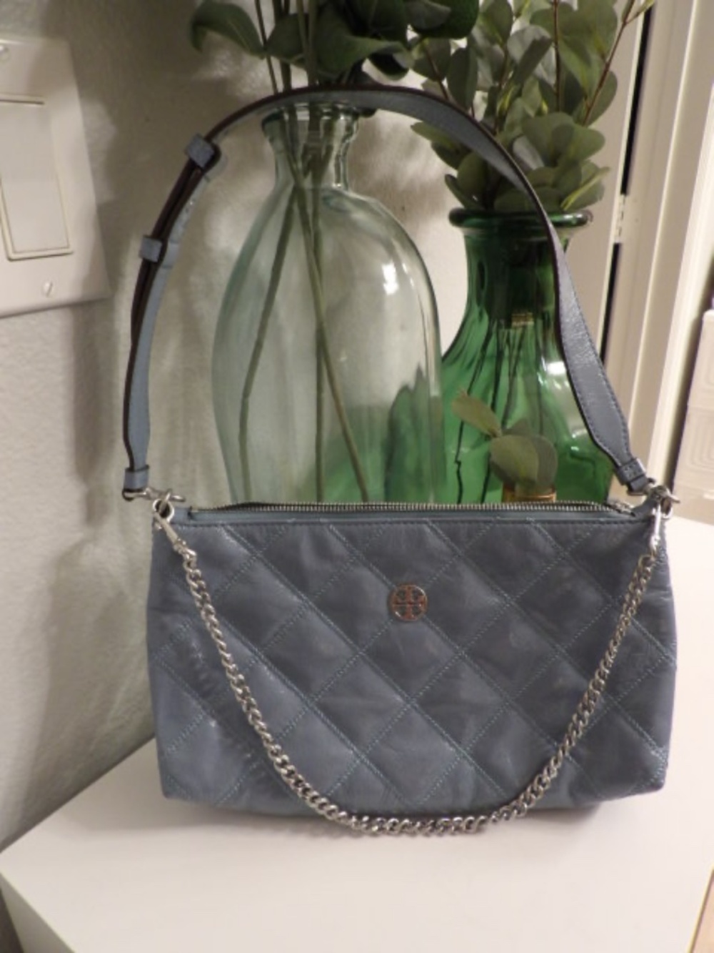 Tory Burch Willa Quilted Leather Shoulder Bag Chain Strap Sky Blue Crossbody